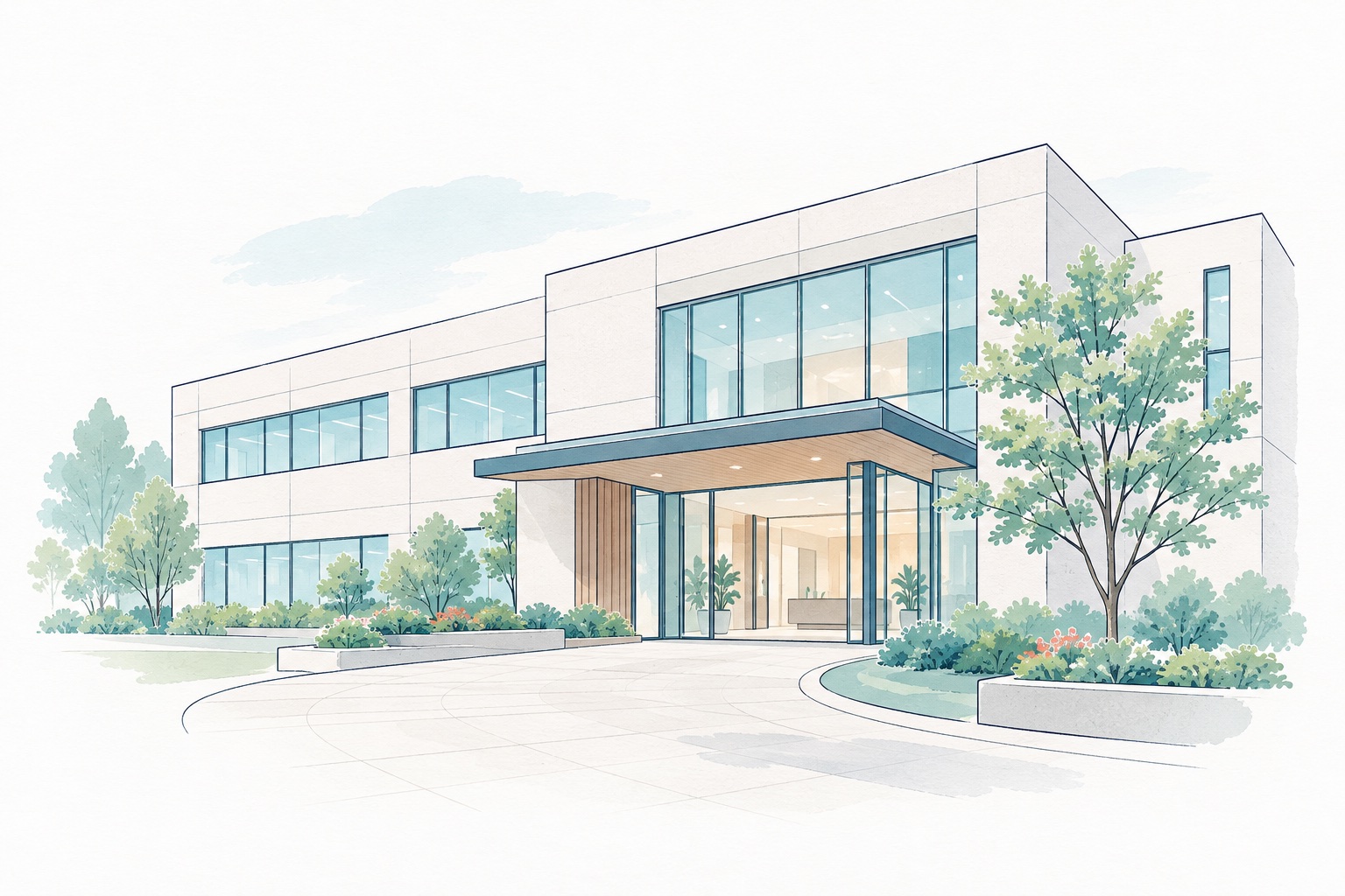 会社概要を表す建物と緑のイラスト