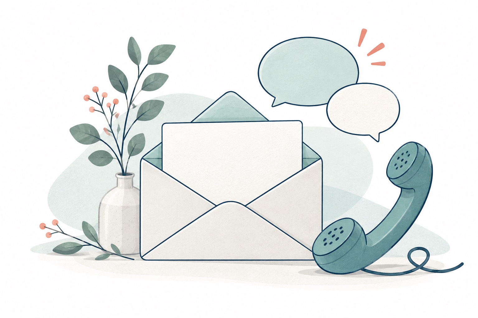 封筒と電話、会話を表すイラスト