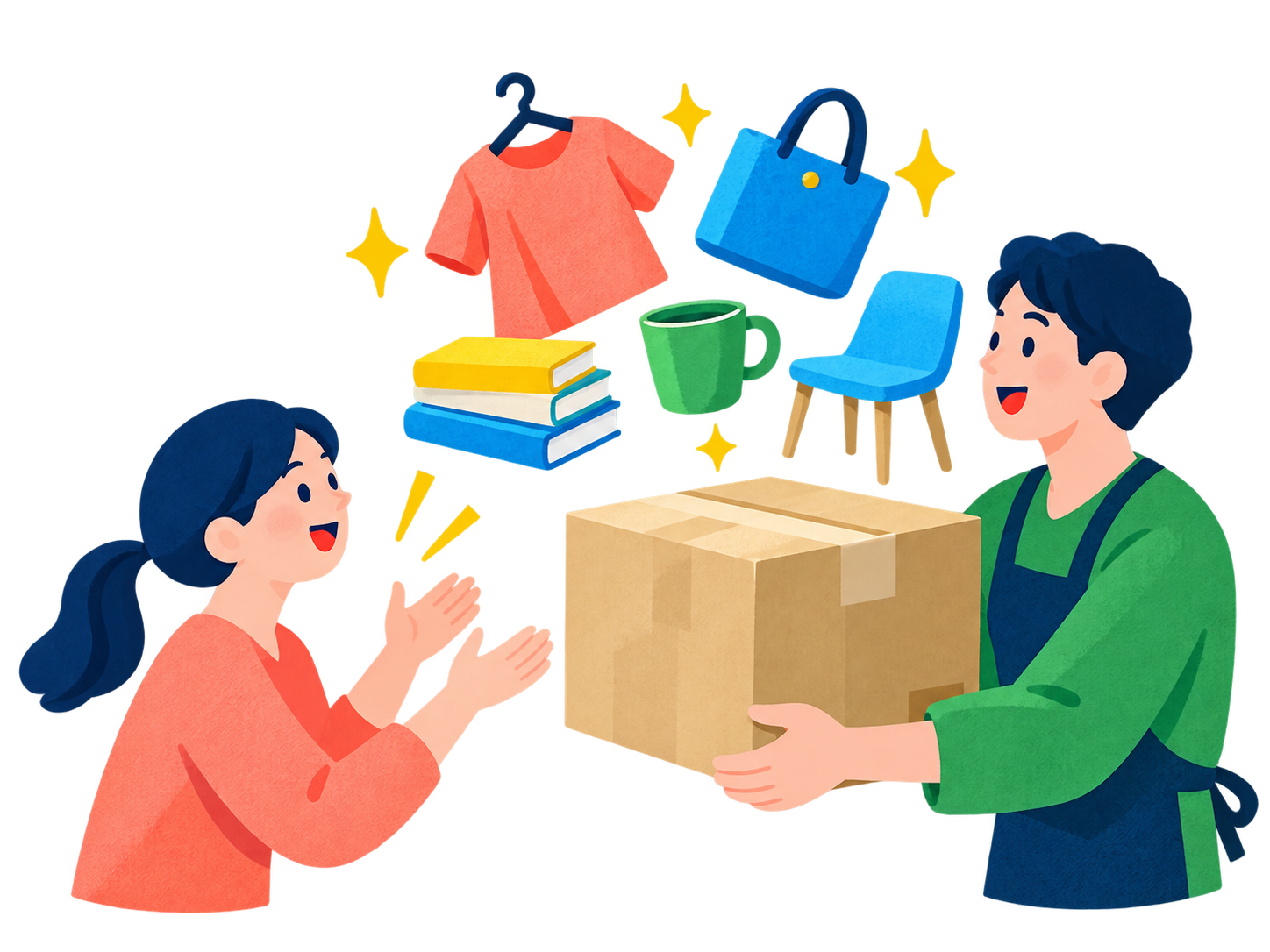 商品を抱えて新しい持ち主へ届ける人と、再利用される衣類や雑貨